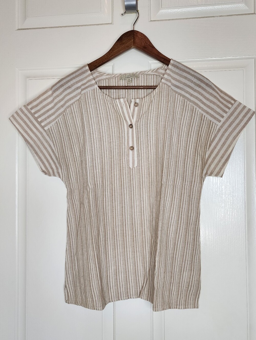 Polagram Striped Henley Blouse Boho 100% Cotton Cap Sleeve Top Medium
